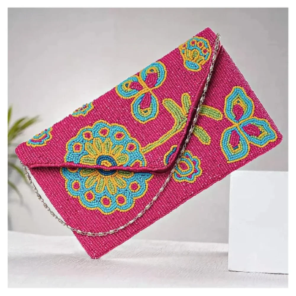 Spring Fling Floral Seed Beaded Fuchsia Pink Crossbody Clutch Handbag Bag NEW